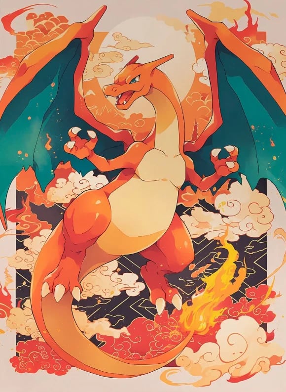 Peinture au Numéro — Dracaufeu déployant ses ailes dans les flammes (Pokémon)