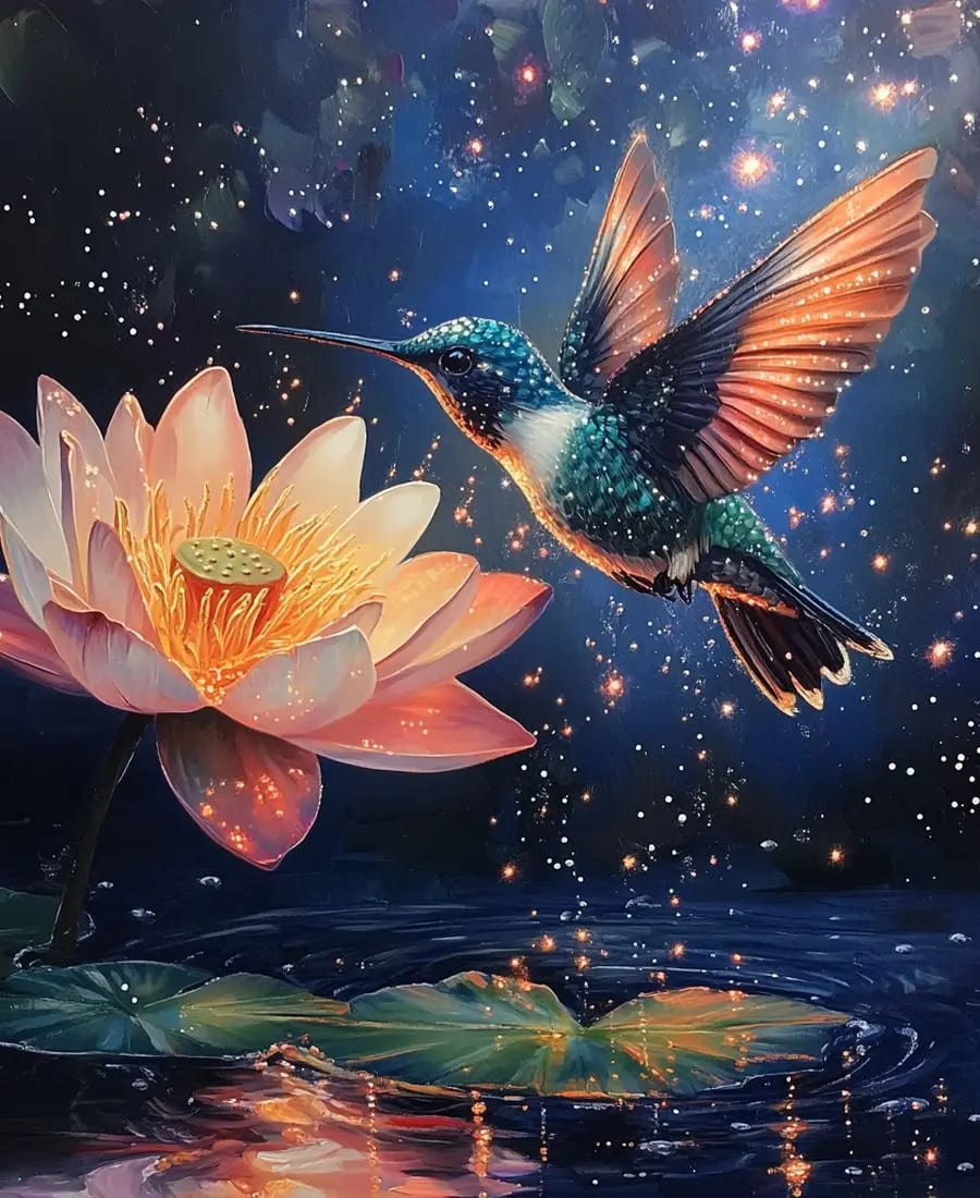Peinture au Numéro — Colibri en vol au-dessus d'un lotus étoilé