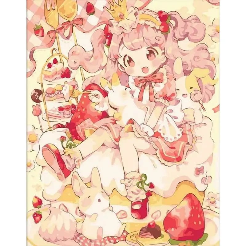 Peinture au Numéro — Petite fille aux fraises et gourmandises (kawaii)