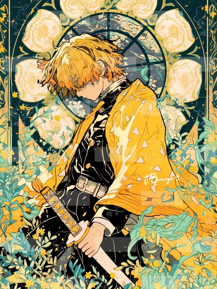 Peinture au Numéro — Zenitsu Agatsuma, portrait floral vitrail (Demon Slayer)