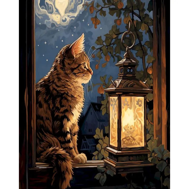 Peinture au Numéro — Chat roux et bougie sous les étoiles