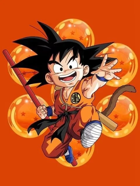 Peinture au Numéro — Petit Goku et les boules de cristal sur fond orange (Dragon Ball)