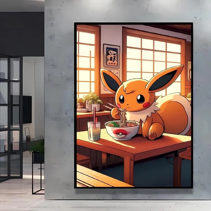 Peinture au Numéro — Évoli mangeant des ramen au restaurant (Pokémon)