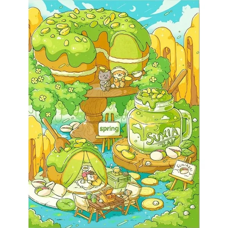 Peinture au Numéro — Paysage dessert au matcha et oursons (kawaii)