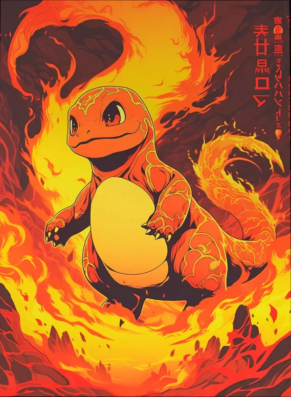 Peinture au Numéro — Salamèche entouré de flammes (Pokémon)