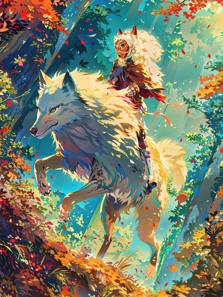 Peinture au Numéro — Princesse loup chevauchant un loup blanc (Princesse Mononoké)