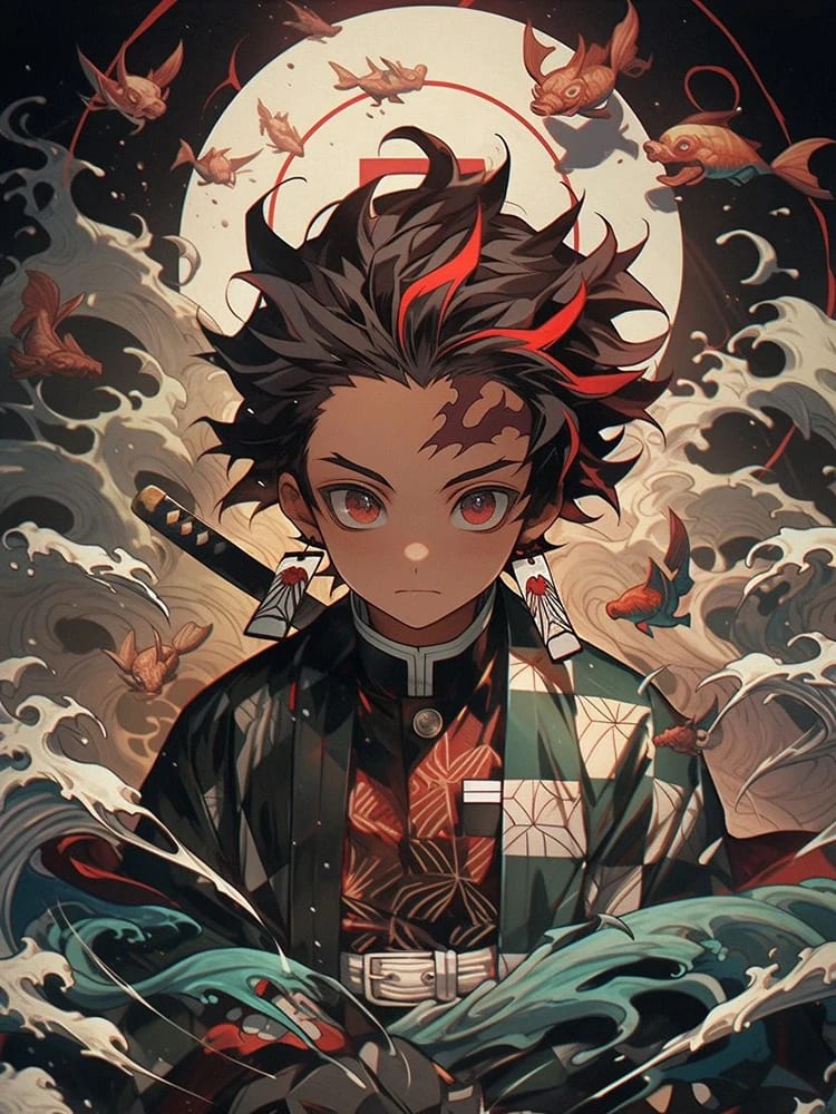 Peinture au Numéro — Tanjiro et Nezuko au combat sur fond rouge (Demon Slayer)