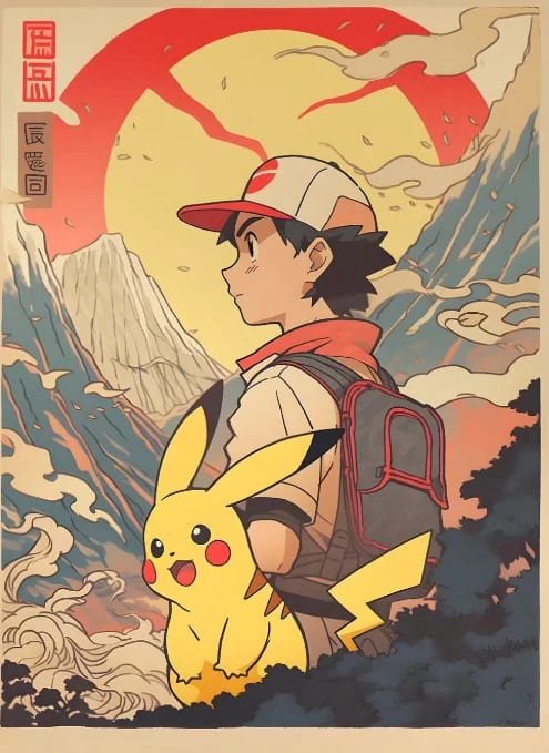 Peinture au Numéro — Sacha et Pikachu en montagne, estampe japonaise (Pokémon)