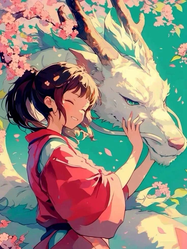 Peinture au Numéro — Chihiro caressant le dragon Haku (Le Voyage de Chihiro)