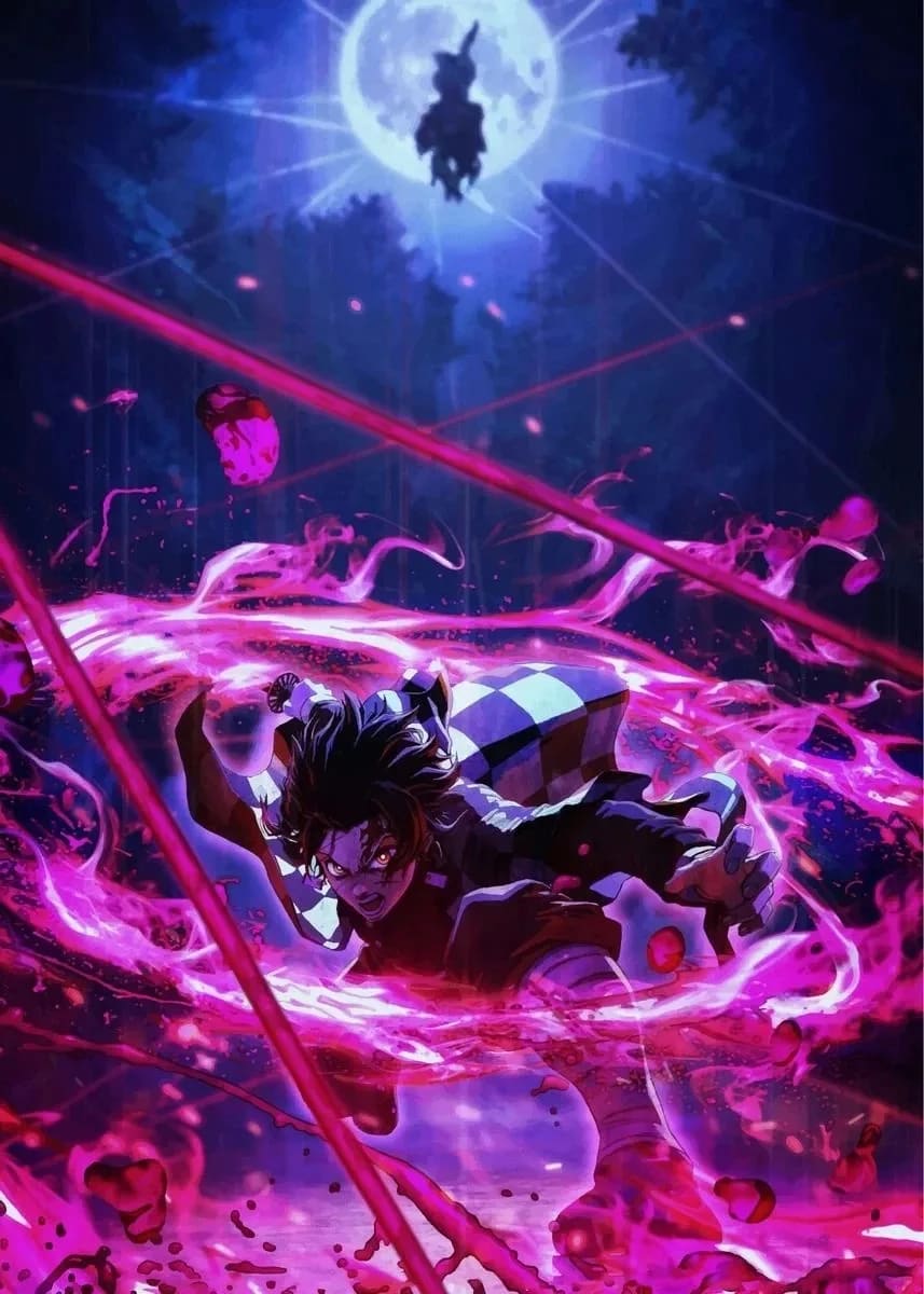Peinture au Numéro — Tanjiro nuit de pleine lune souffle du soleil (Demon Slayer)