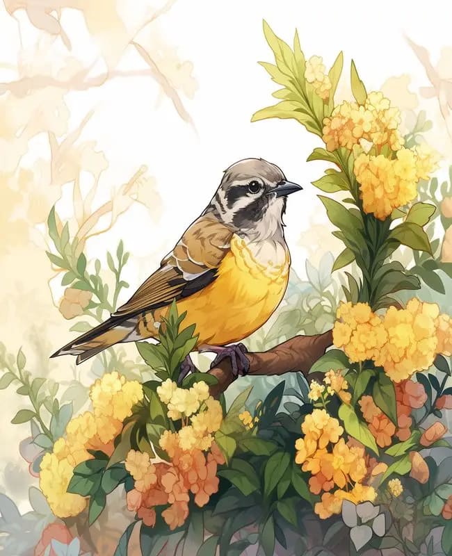 Peinture au Numéro — Oiseau chanteur sur buisson de fleurs jaunes