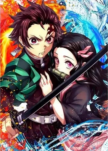 Peinture au Numéro — Tanjiro, Nezuko, Zenitsu, Inosuke et Giyu devant la lune (Demon Slayer)