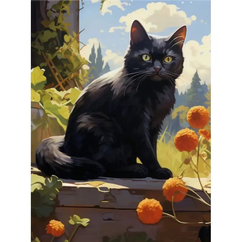 Peinture au Numéro — Chat noir aux yeux verts et fleurs orange