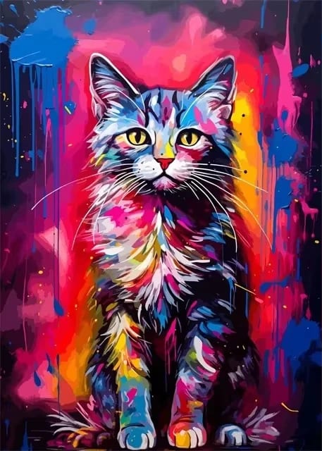 Peinture au Numéro — Chat tigré fond rose et bleu