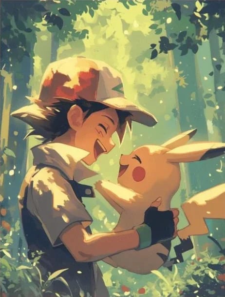 Peinture au Numéro — Sacha riant avec Pikachu dans la forêt (Pokémon)