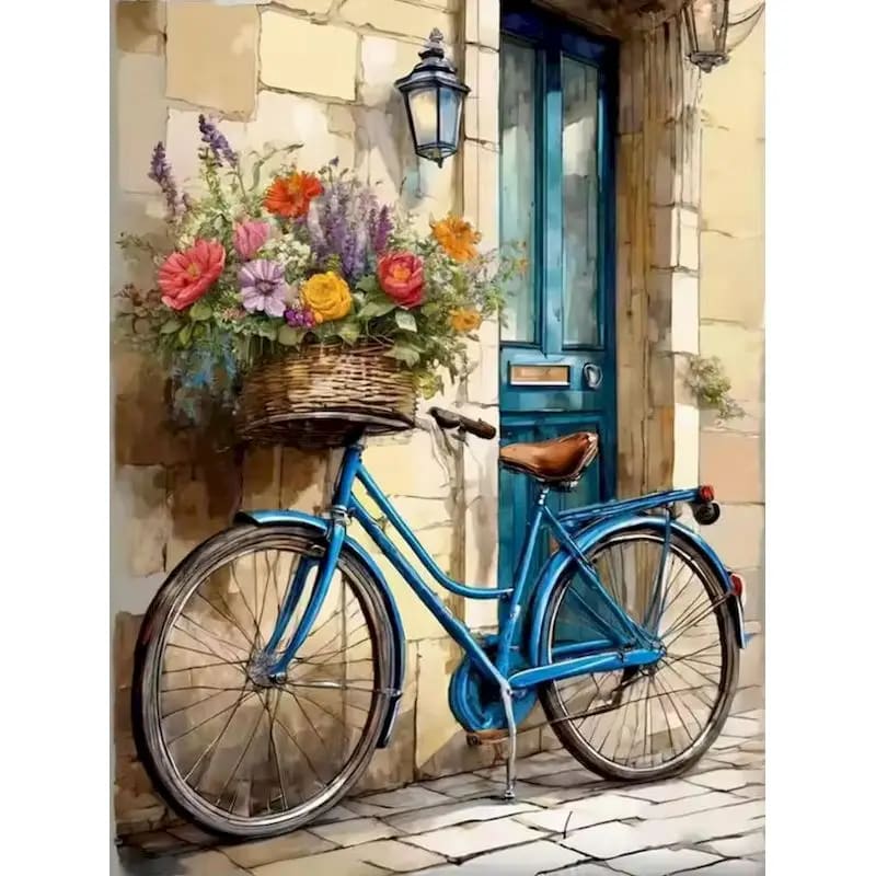 Peinture au Numéro — Vélo bleu et panier de fleurs devant une porte ancienne