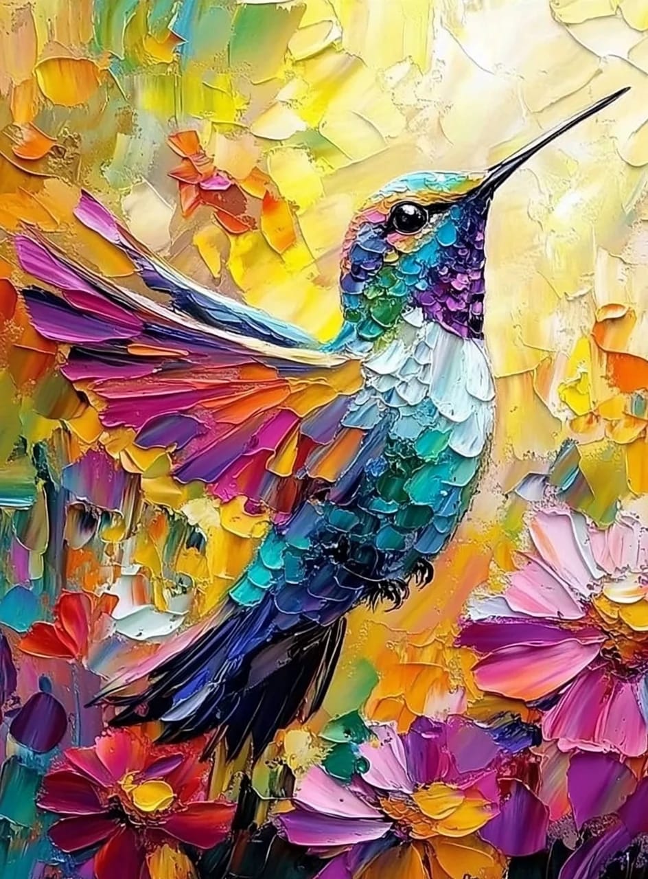 Peinture au Numéro — Colibri au couteau (empâtement) et fleurs multicolores