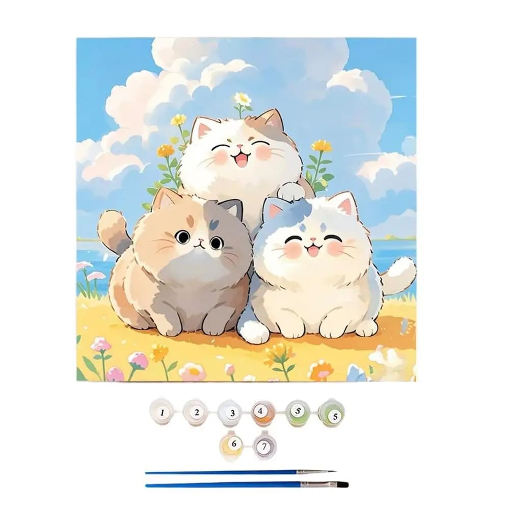 Peinture au Numéro — Trois chatons kawaii au bord de l'eau