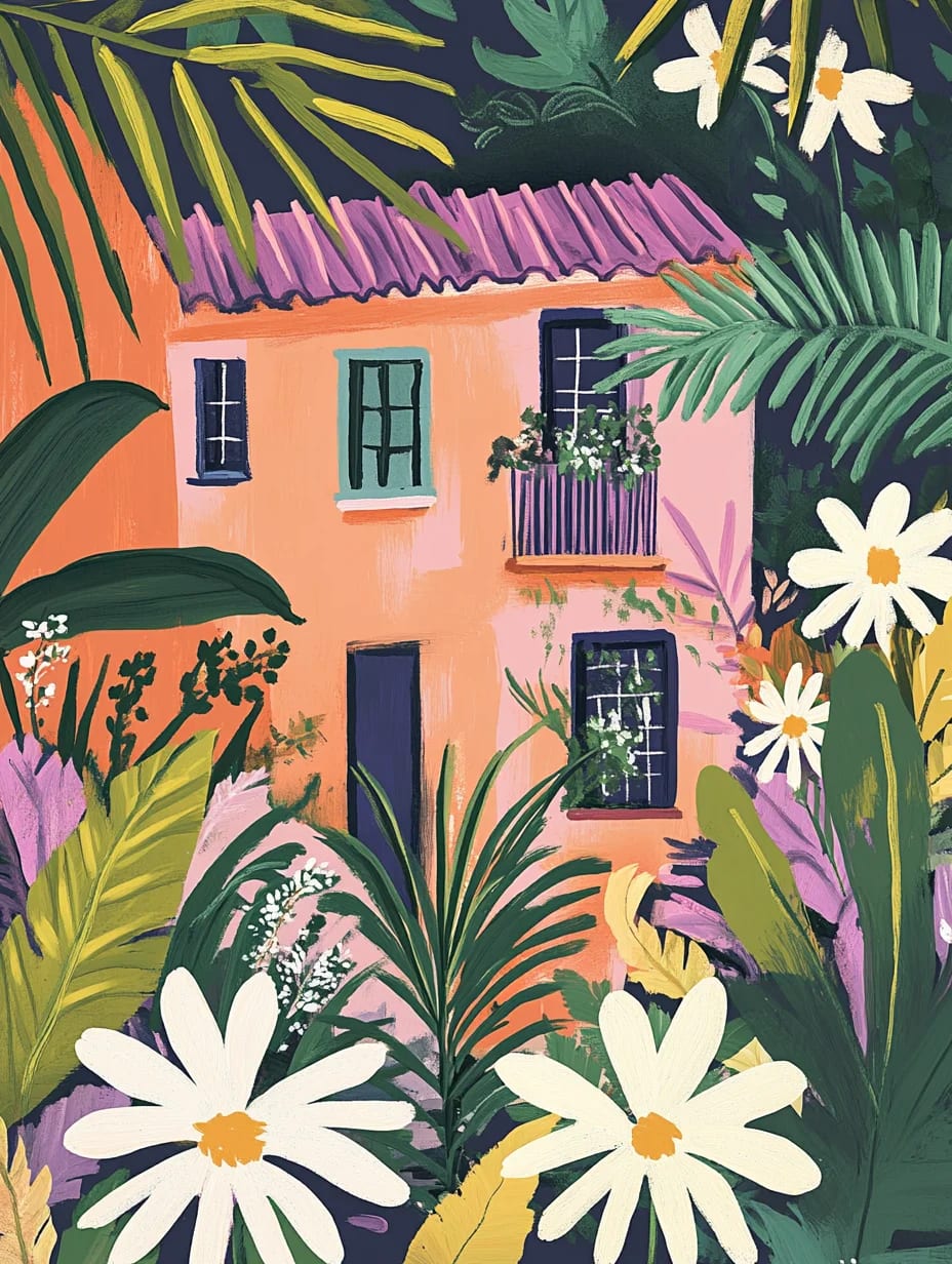 Peinture au Numéro — Maison tropicale parmi les marguerites