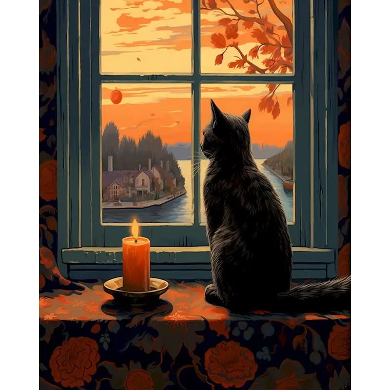 Peinture au Numéro — Chat blanc et chat roux devant la fenêtre