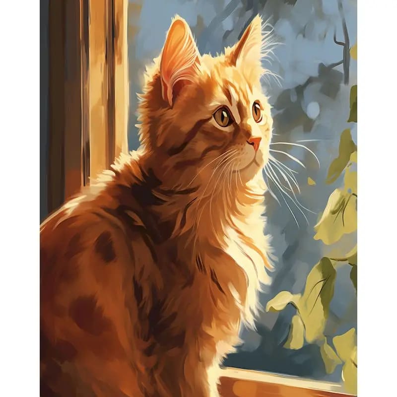 Peinture au Numéro — Chat roux à la fenêtre au soleil