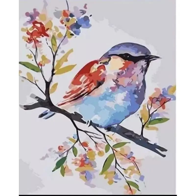 Peinture au Numéro — Oiseau aquarelle sur branche fleurie