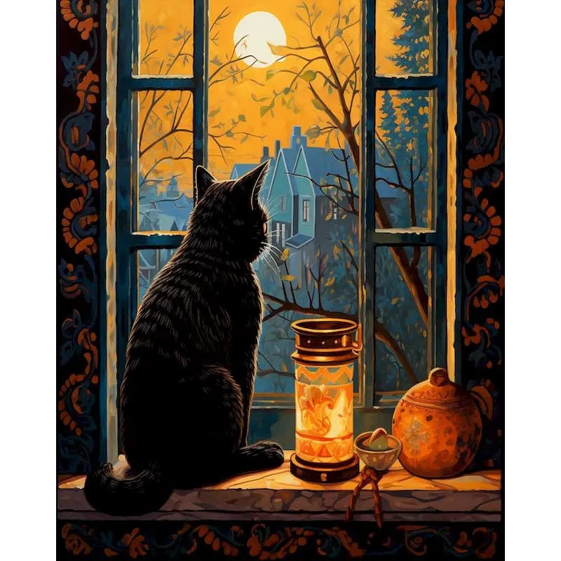 Peinture au Numéro — Chat noir à la bougie au crépuscule