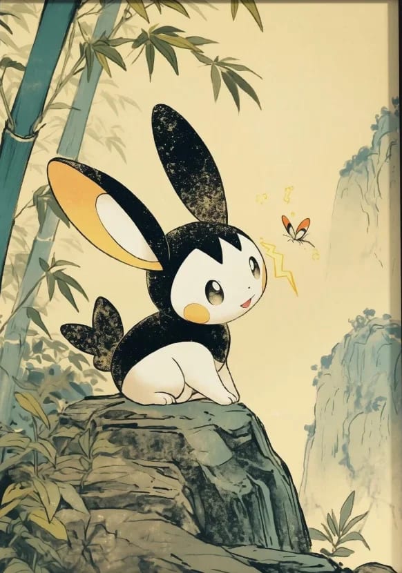 Peinture au Numéro — Emolga sur un rocher dans les bambous (Pokémon)