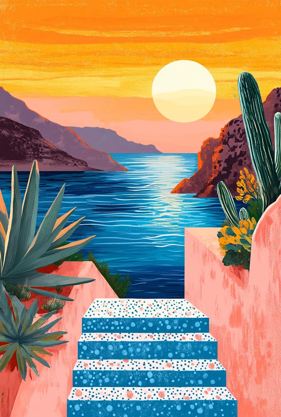 Peinture au Numéro — Escalier bleu vers la mer au coucher du soleil