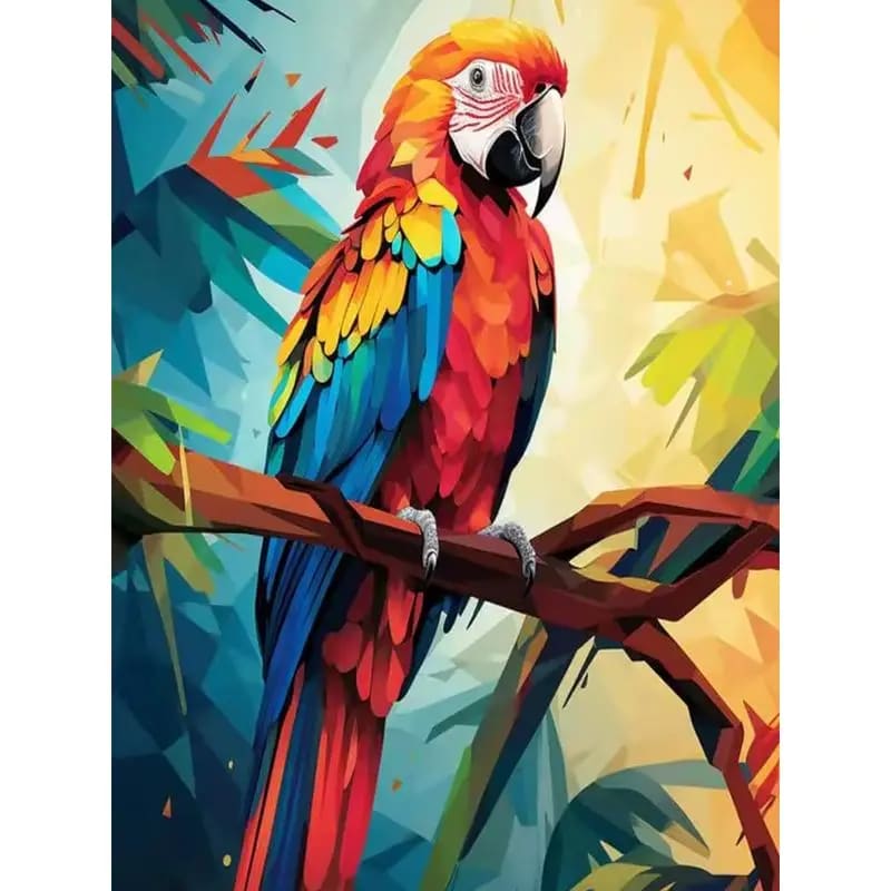Peinture au Numéro — Ara rouge sur branche (style géométrique)