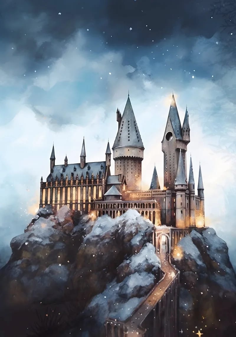 Peinture au Numéro — Château de sorcellerie enneigé au crépuscule (univers Harry Potter)