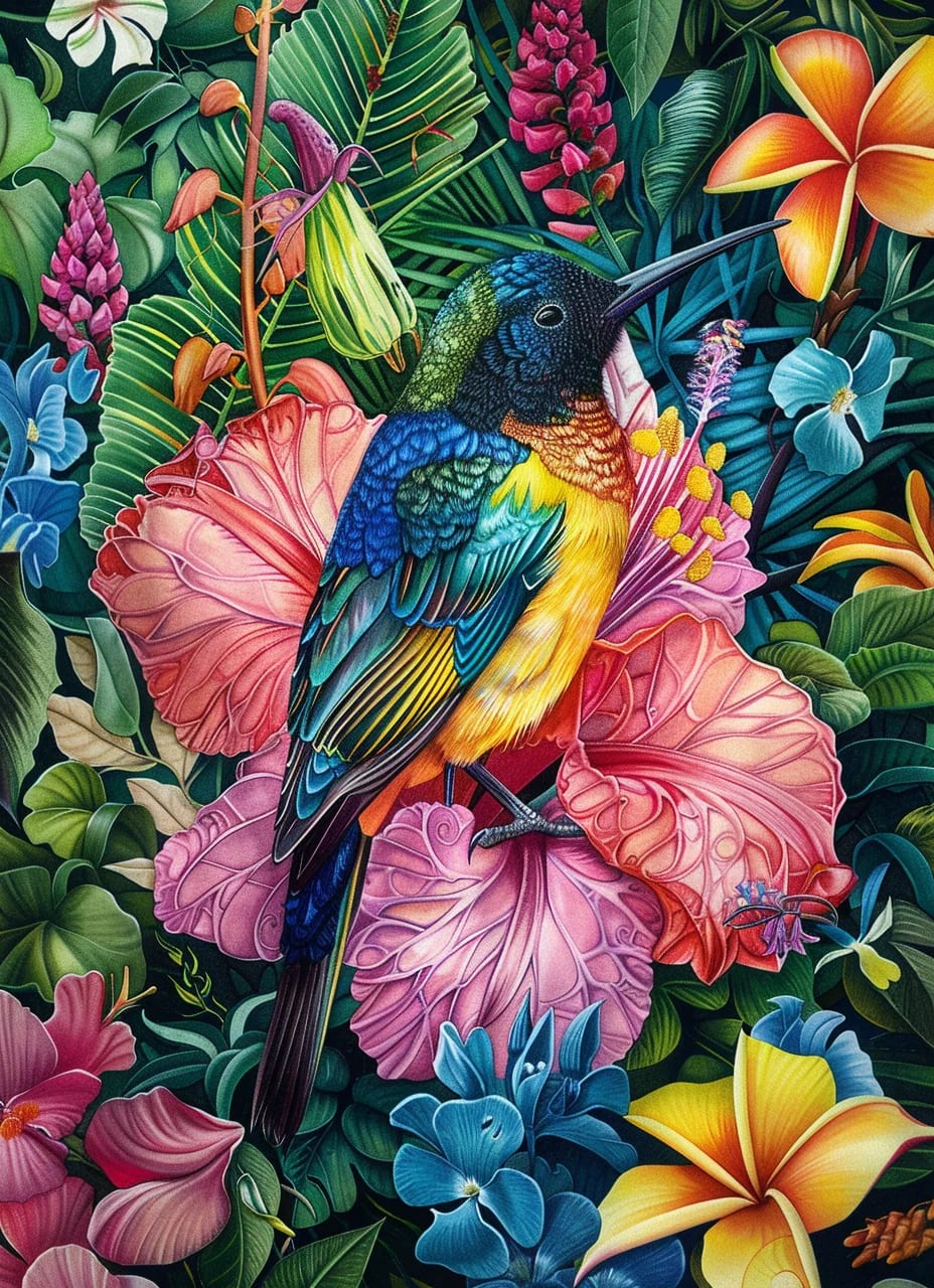 Peinture au Numéro — Souïmanga tropical parmi les fleurs d'hibiscus