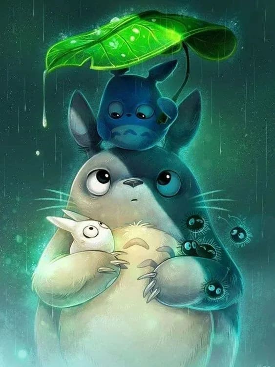 Peinture au Numéro — Totoros sous la pluie avec noiraudes (Mon Voisin Totoro)
