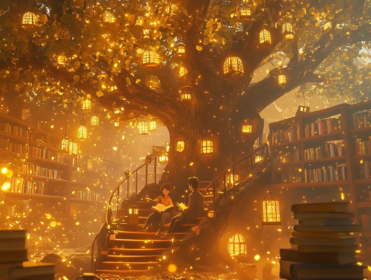 Peinture au Numéro — Bibliothèque enchantée dans un arbre aux lanternes dorées