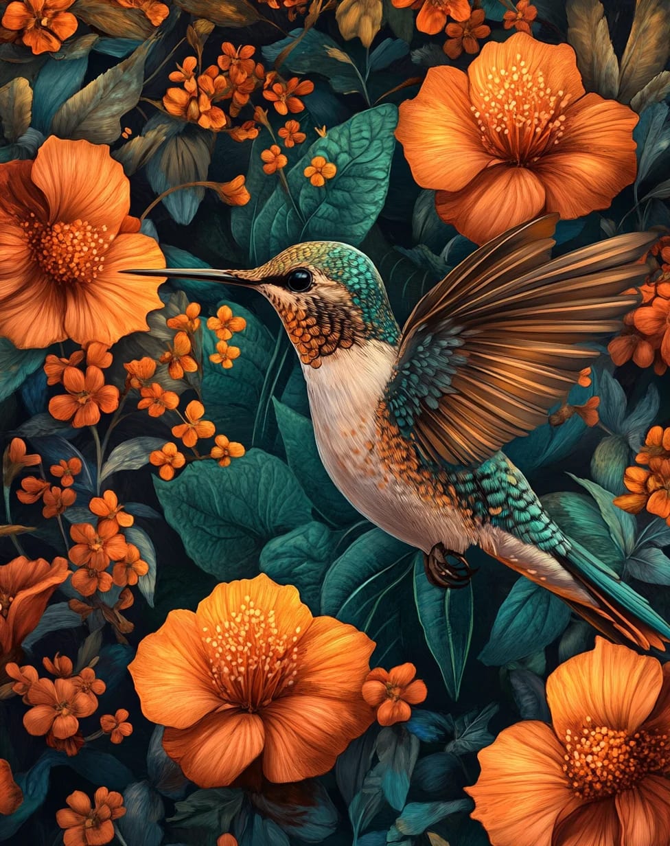 Peinture au Numéro — Colibri en vol parmi les fleurs orange