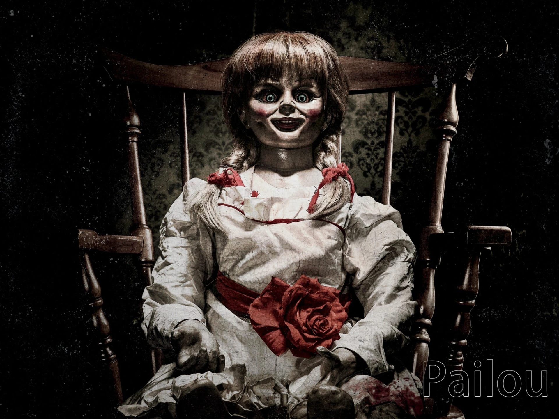 Peinture au Numéro — Poupée Annabelle dans un fauteuil à bascule, ambiance sombre (Annabelle)