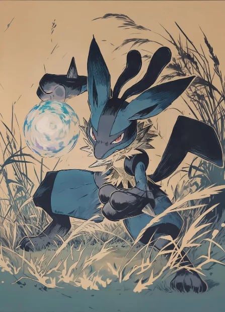 Peinture au Numéro — Lucario chargeant une aurasphère (Pokémon)