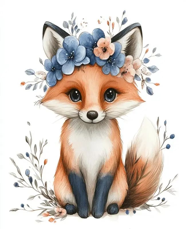 Peinture au Numéro — Renardeau aquarelle aux fleurs bleues