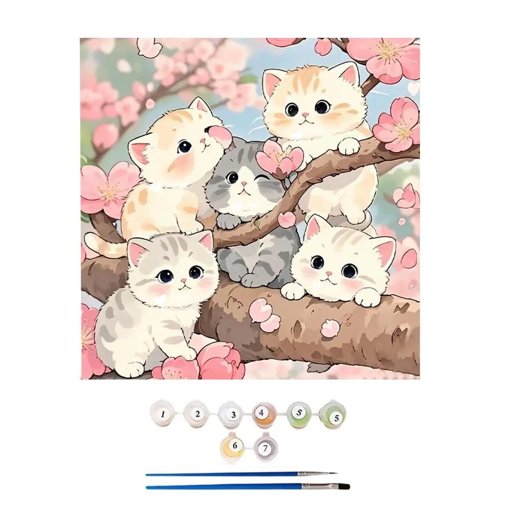 Peinture au Numéro — Chatons kawaii sur branche fleurie