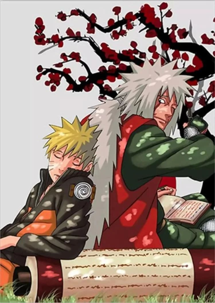 Peinture au Numéro — Naruto endormi contre Jiraya sous les fleurs de prunier (Naruto)