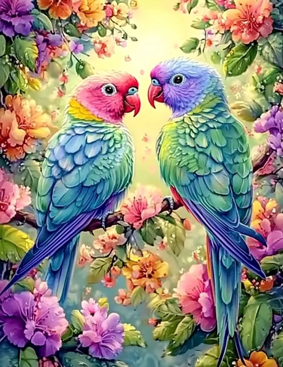Peinture au Numéro — Couple de perruches vertes et bleues sur fleurs