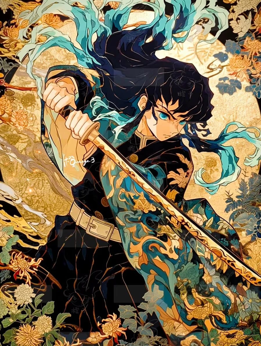 Peinture au Numéro — Muichiro Tokito, pilier de la brume, panneaux dorés (Demon Slayer)