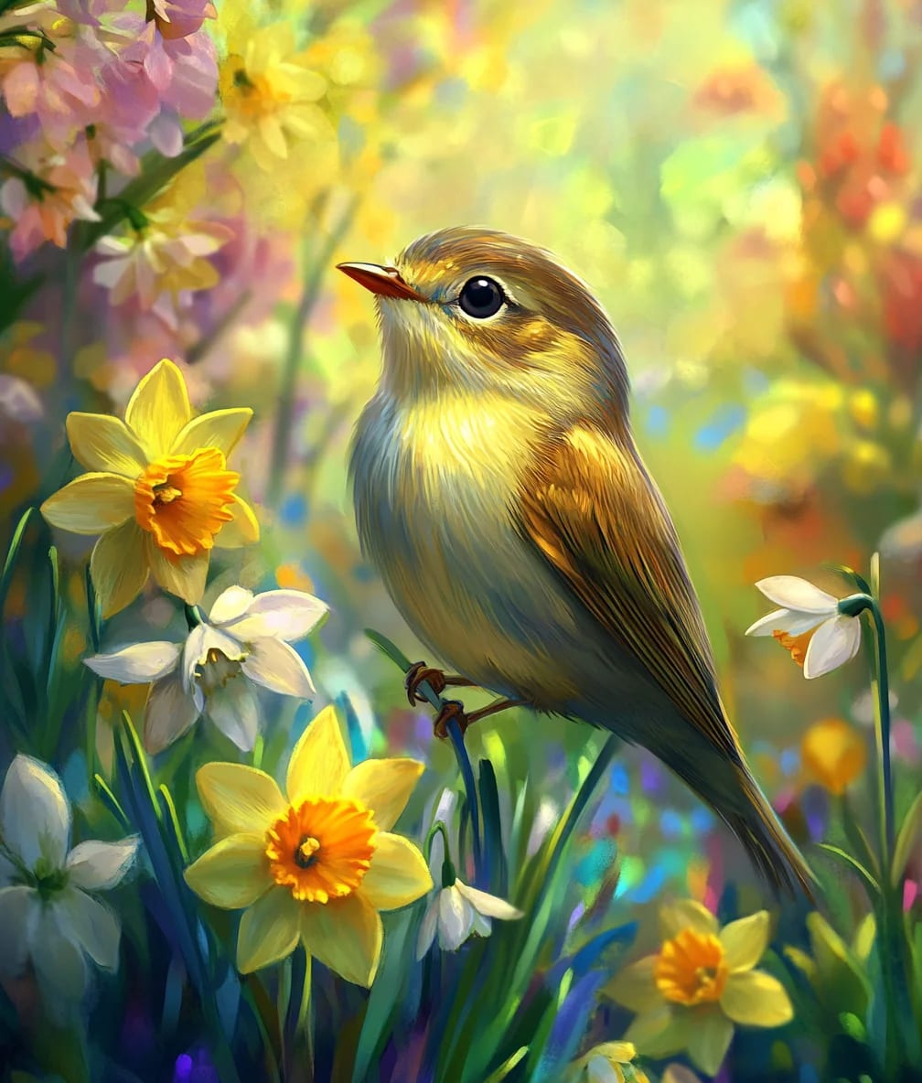 Peinture au Numéro — Petit oiseau doré parmi les jonquilles
