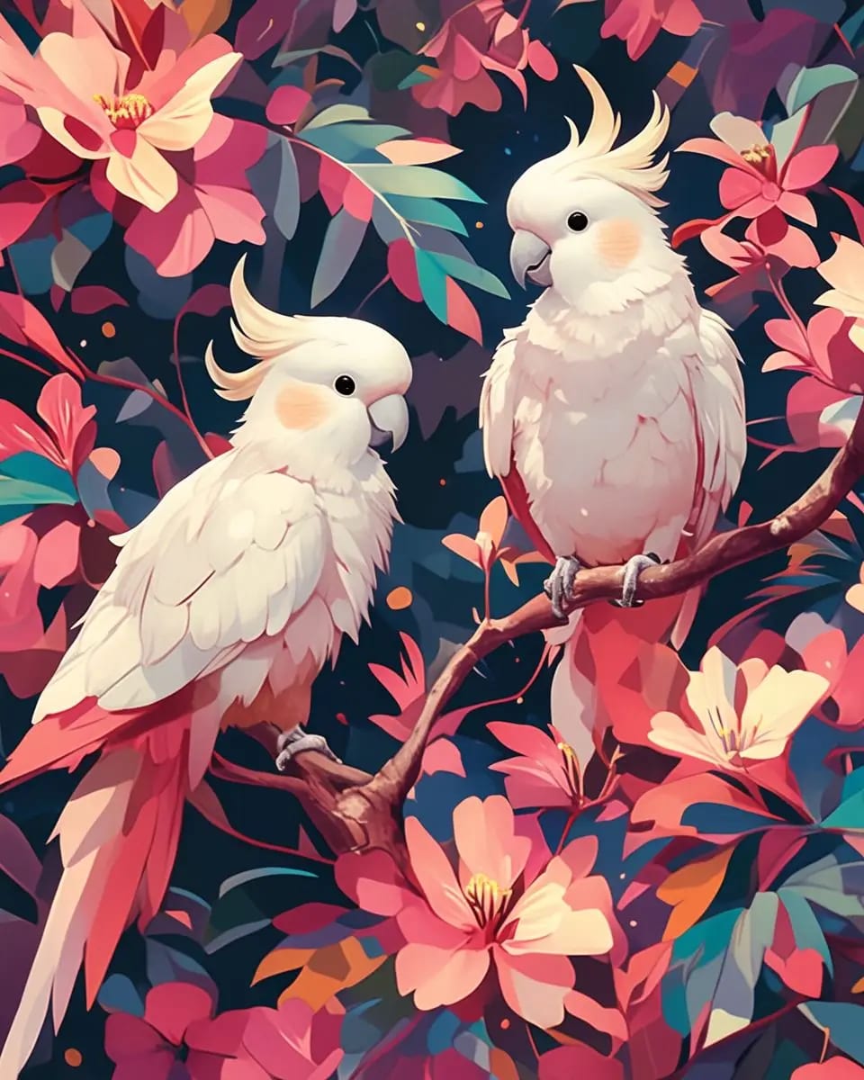 Peinture au Numéro — Couple de cacatoès blancs sur branche fleurie