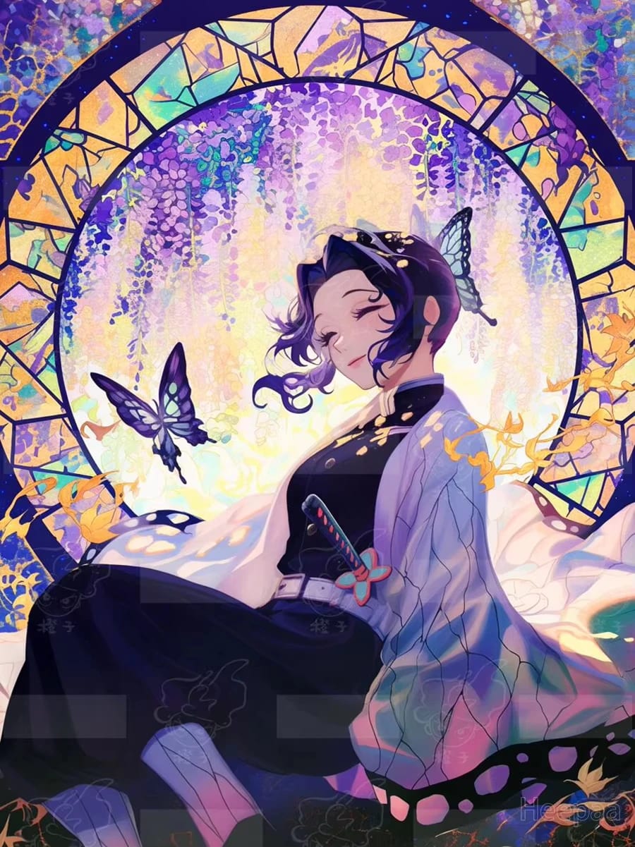 Peinture au Numéro — Shinobu Kocho, pilier des insectes, glycines vitrail (Demon Slayer)