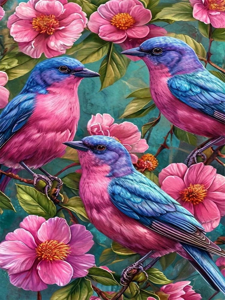Peinture au Numéro — Trois oiseaux rose et bleu parmi les camélias