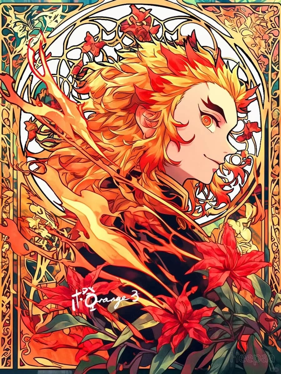 Peinture au Numéro — Kyojuro Rengoku, pilier des flammes, vitrail Art nouveau (Demon Slayer)