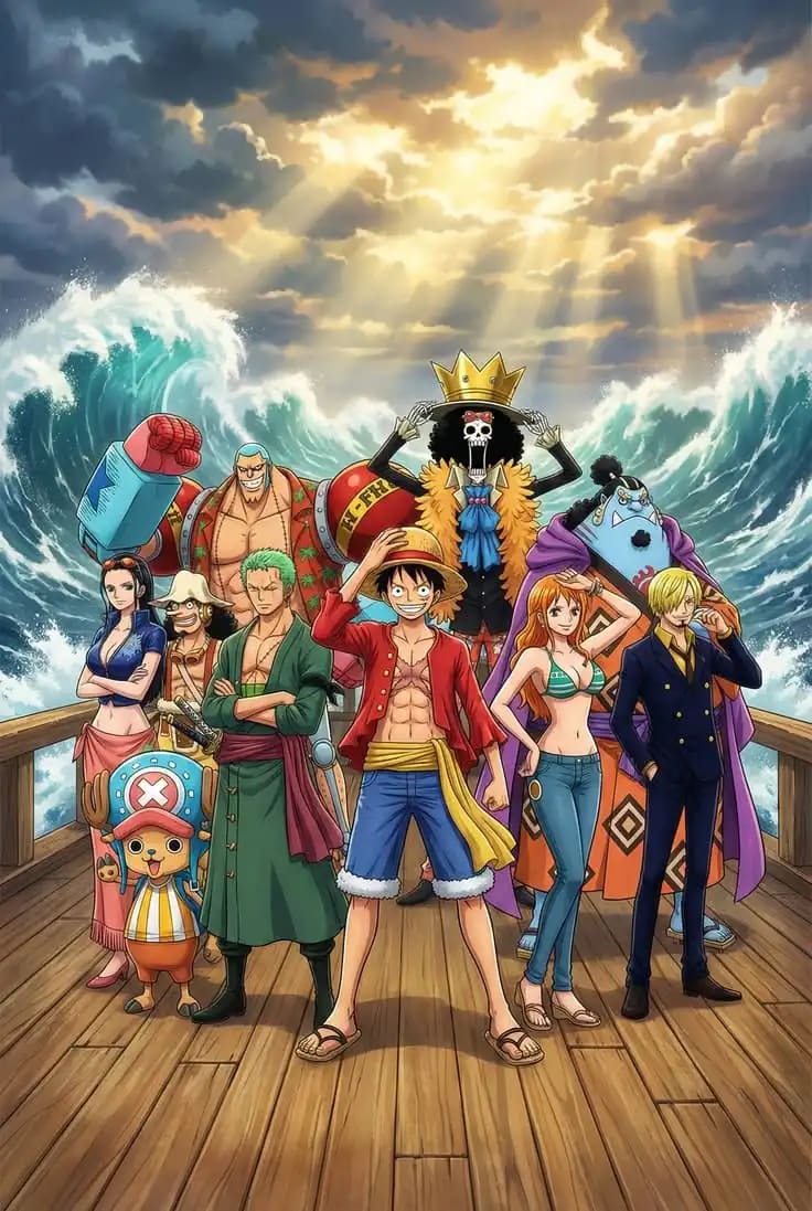 Peinture au Numéro — Équipage du Chapeau de Paille sur le pont du navire (One Piece)