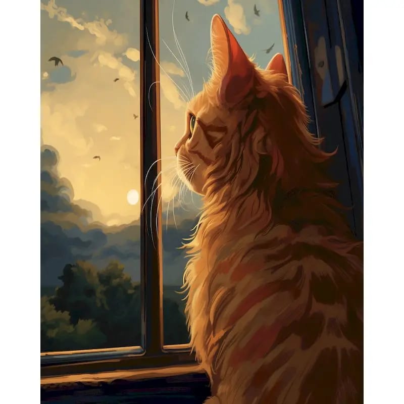 Peinture au Numéro — Chat roux face au coucher de soleil