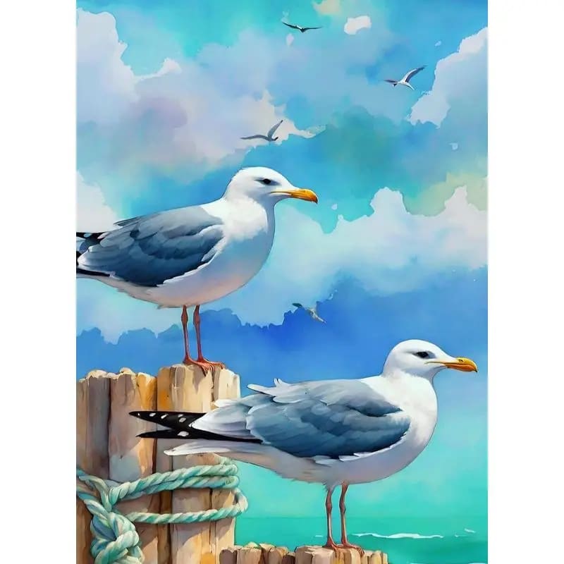 Peinture au Numéro — Deux mouettes sur un ponton au bord de mer